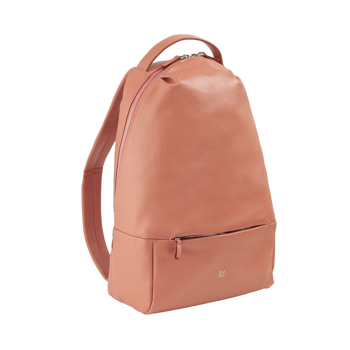 Stylish salmon-colored leather backpack with zippered compartments