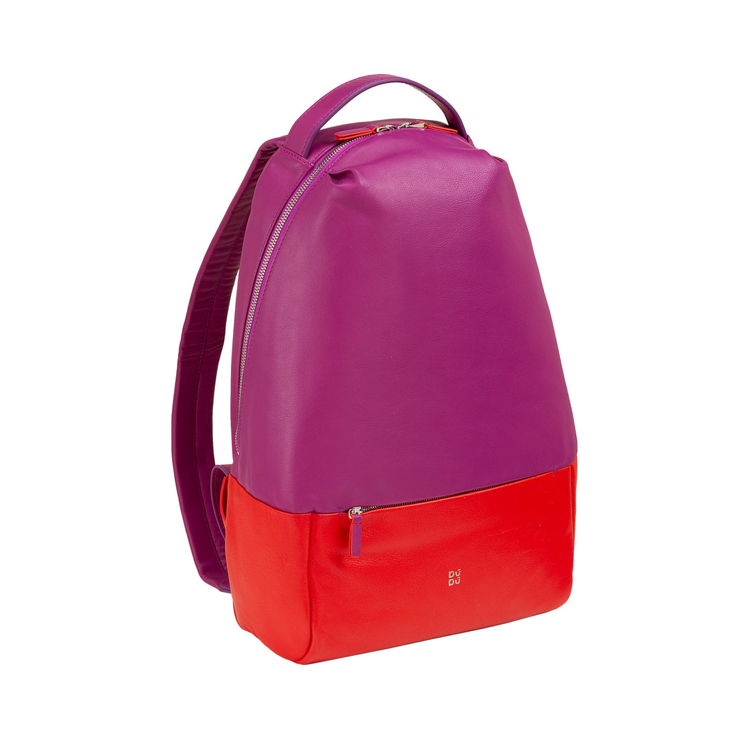 Purple and red stylish backpack with zipper compartments and ergonomic design