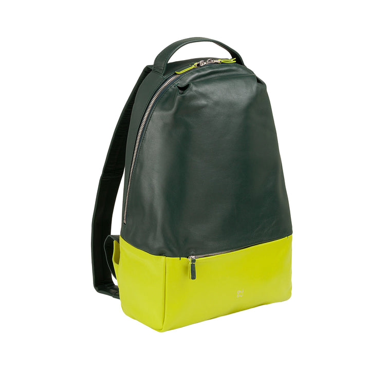 Green and yellow leather backpack with a zipper pocket and adjustable straps