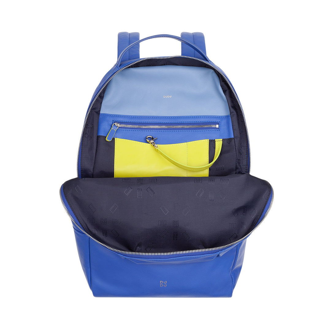 Blue and yellow open backpack showing compartments and zippers