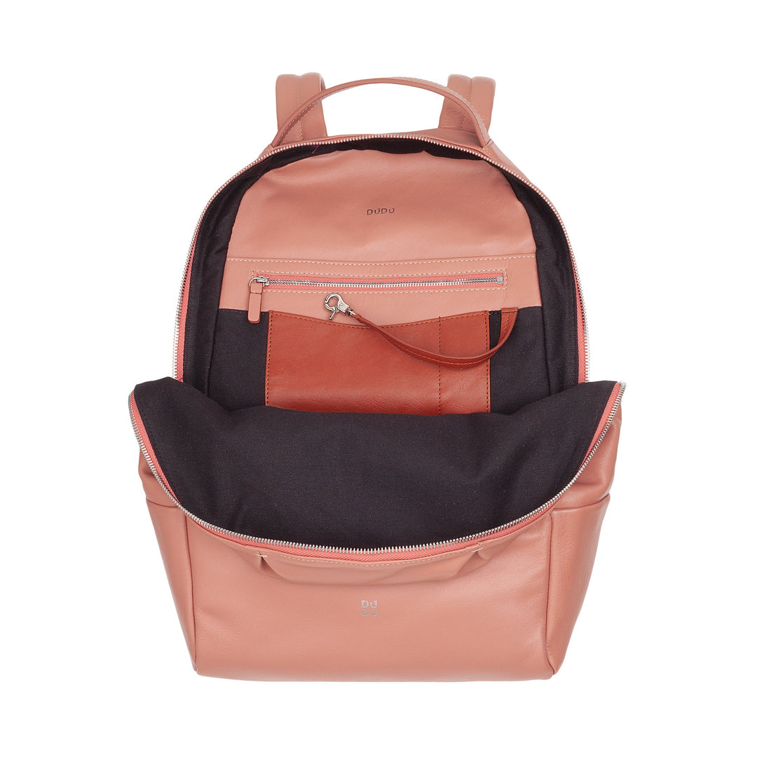 Pink leather backpack with open zipper showing interior compartments and pockets