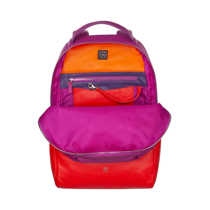 Colorful duffel-style backpack with red, purple, and orange sections, featuring multiple zippered compartments