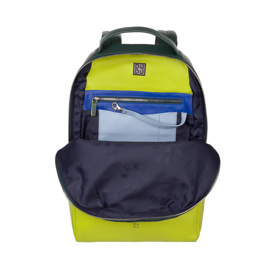 Bright yellow and green backpack with multiple compartments and an open front zipper