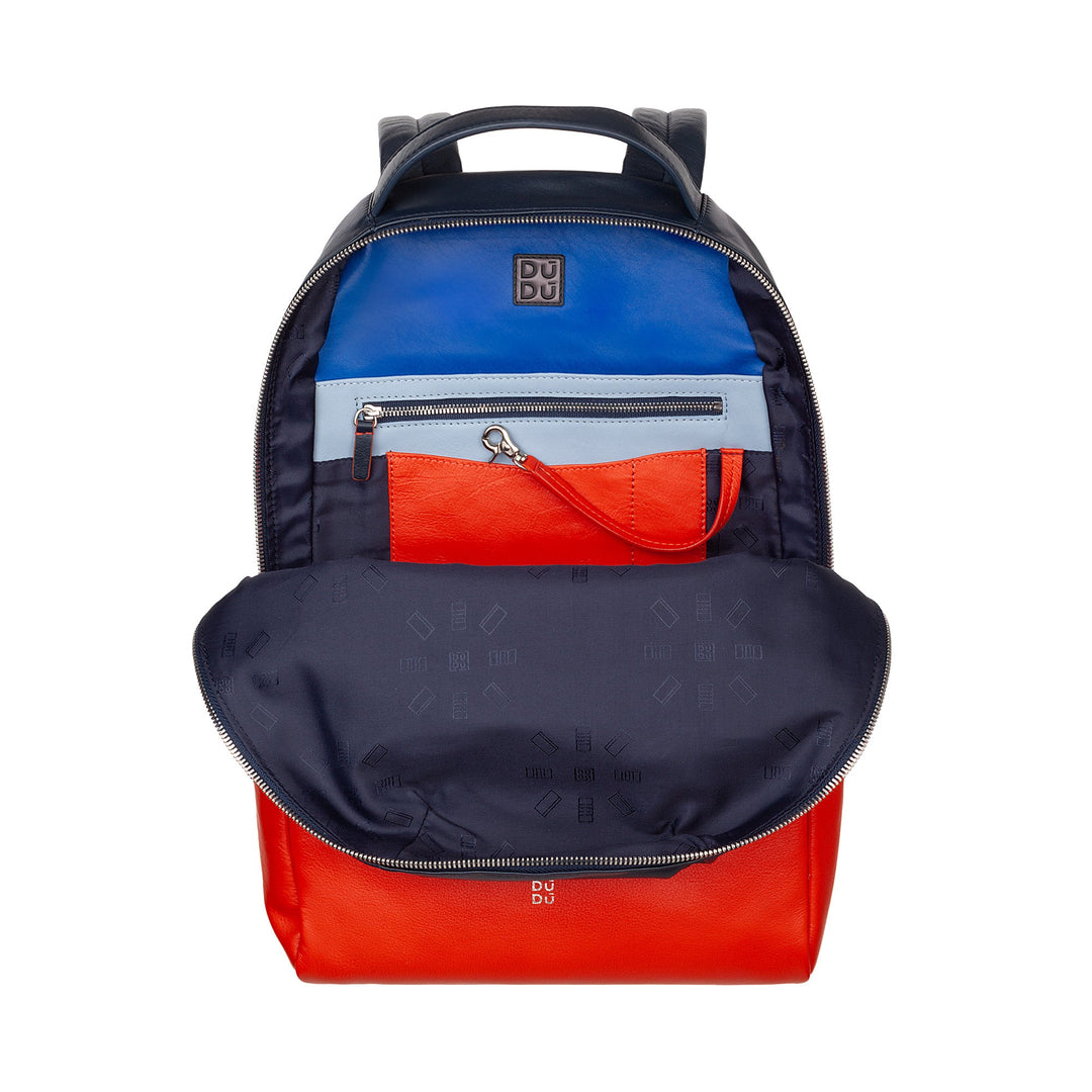 Colorful duffle backpack with multiple zippered compartments and DUDU logo