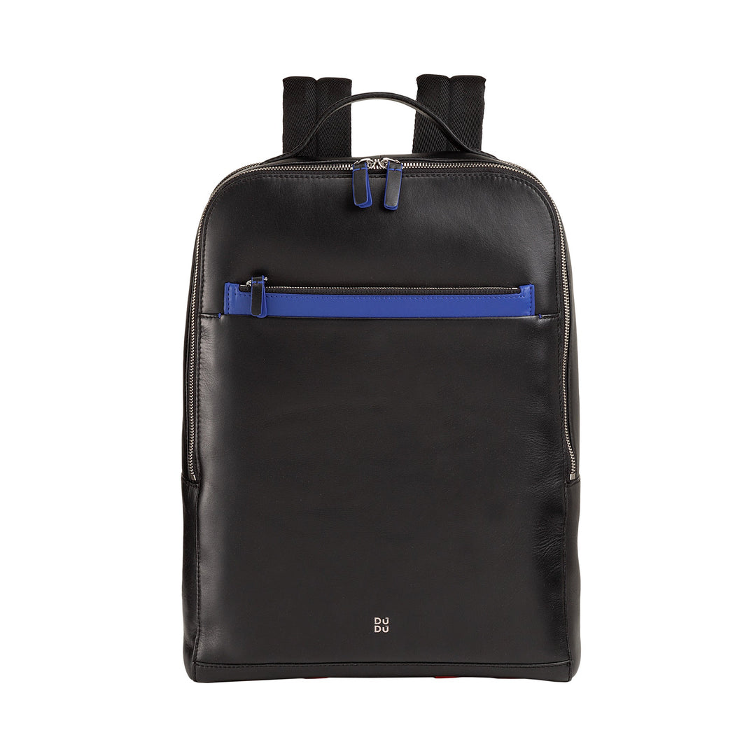 Black leather backpack with blue accents and multiple zippers