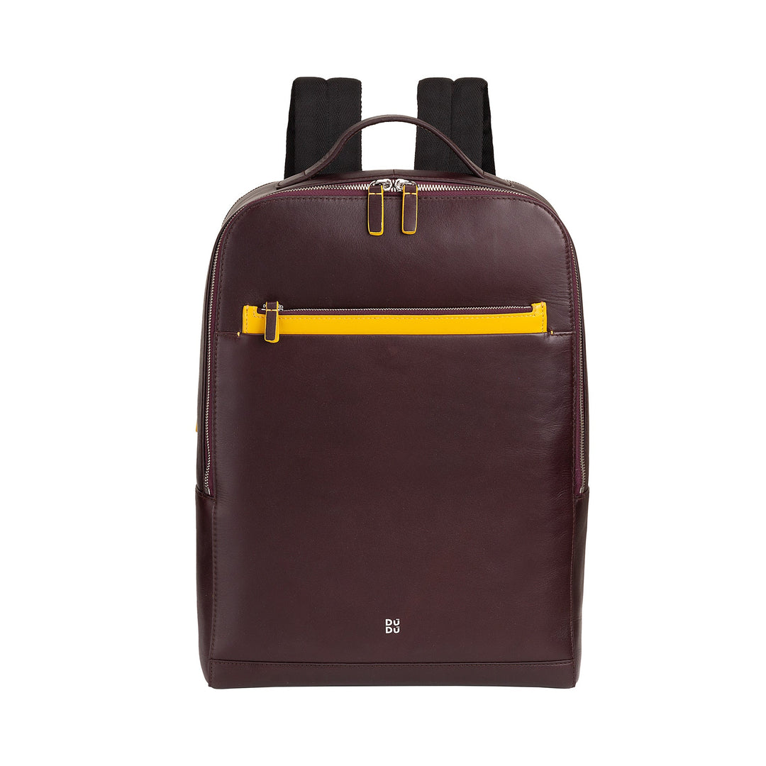 Leather brown backpack with yellow accents and zipper pocket on white background