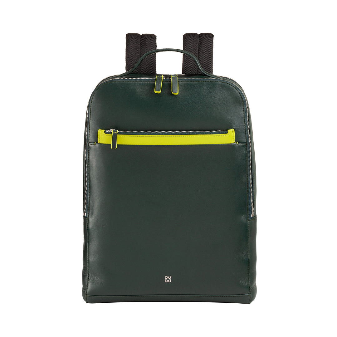 Green leather backpack with yellow zipper detail and front pocket