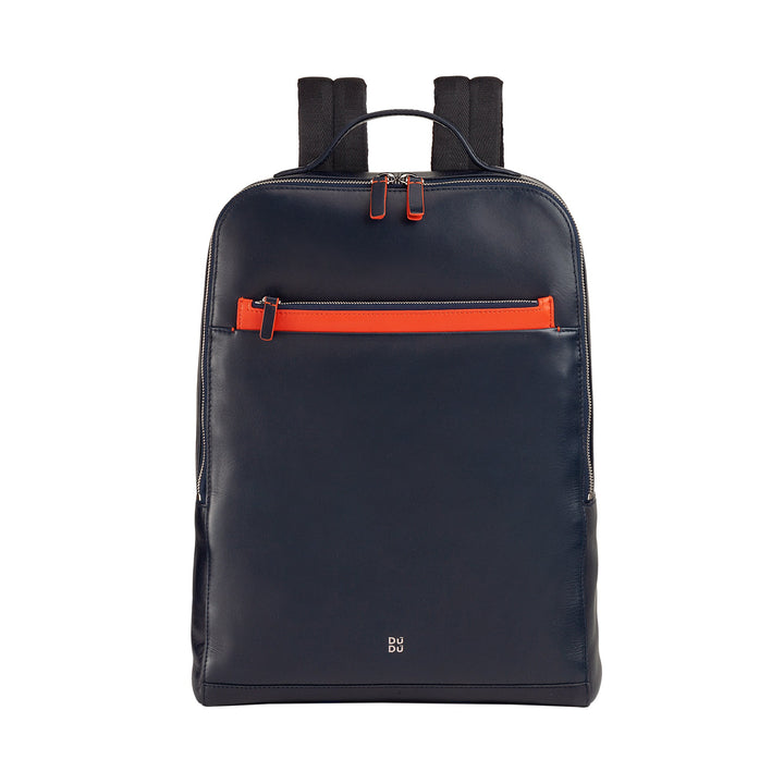 Navy blue leather backpack with front orange zipper pocket and black straps