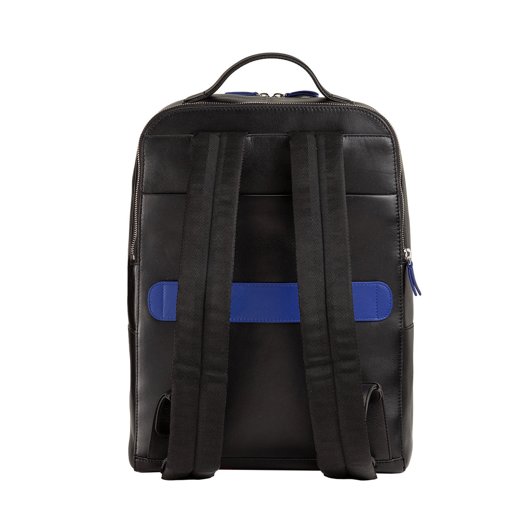 Black leather backpack with blue accents and padded shoulder straps, rear view