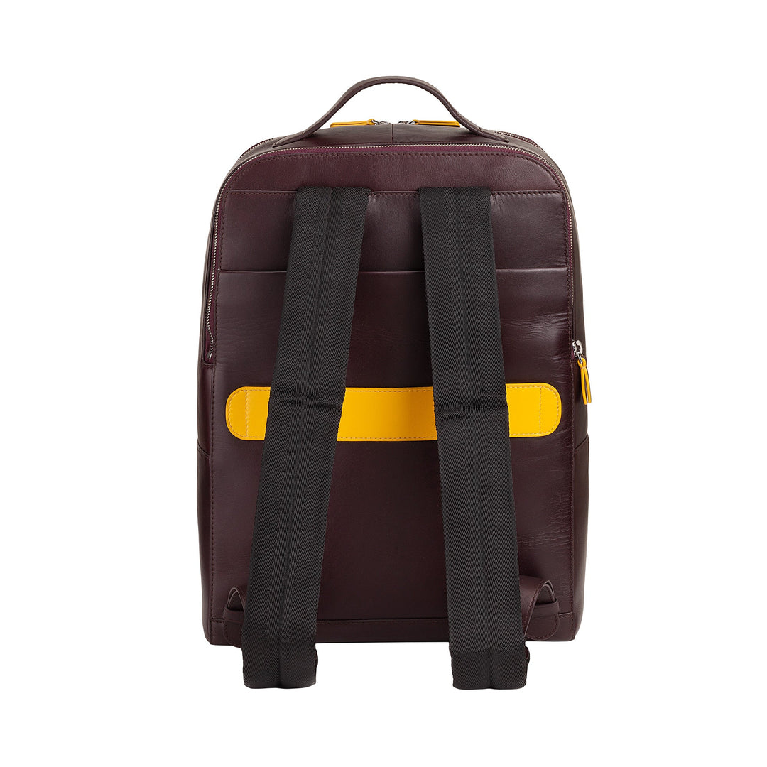 A brown leather backpack with black straps and yellow accents, rear view