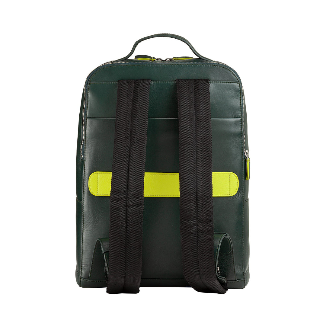 Green backpack with black and yellow straps facing backward on a white background