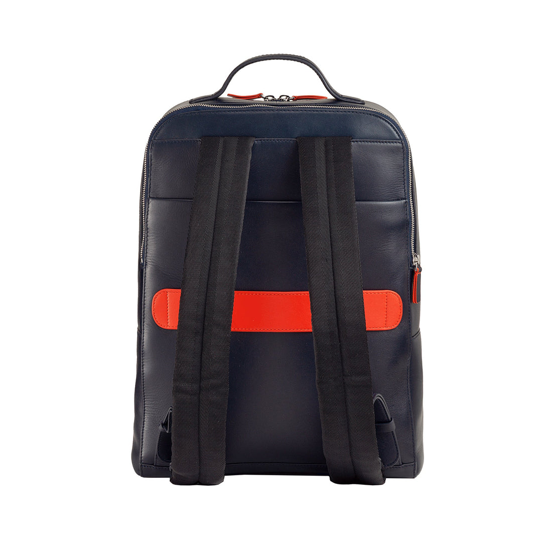 Navy blue leather backpack with black straps and red accents, rear view