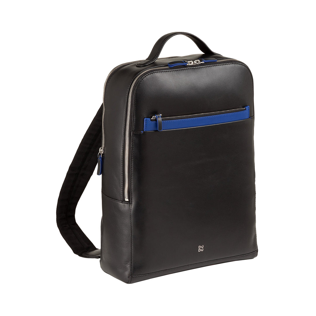 Black leather backpack with blue accents and multiple zippers