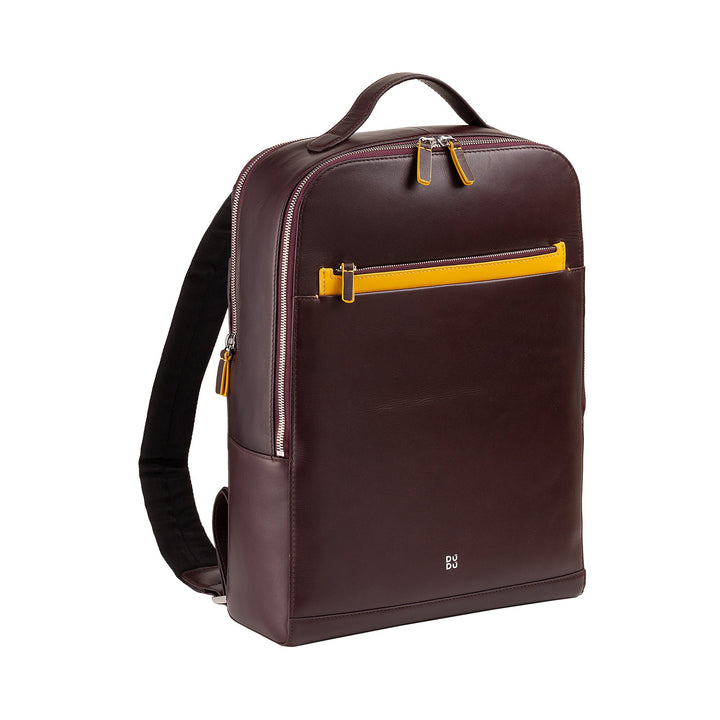 Stylish brown leather backpack with yellow accents and multiple compartments