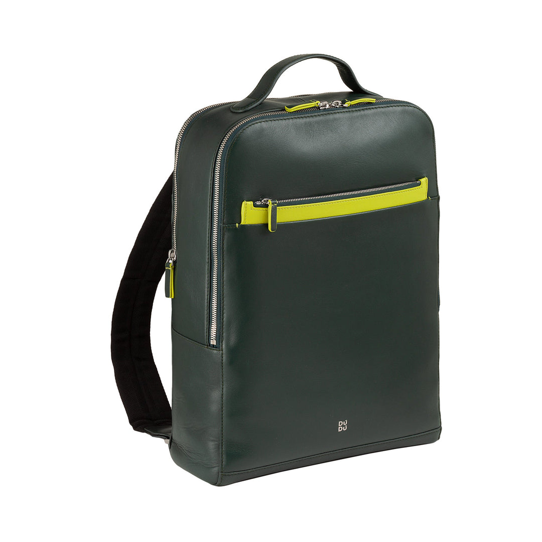 Dark green leather backpack with yellow accents and front zipper pocket