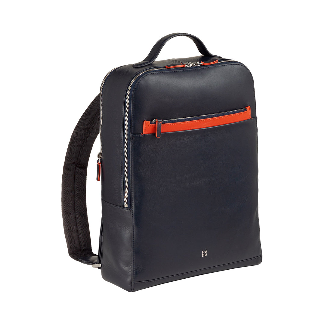 Black leather backpack with front zipper pocket and orange accent strap