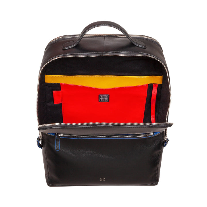 Open black leather backpack displaying colorful interior red and yellow pockets