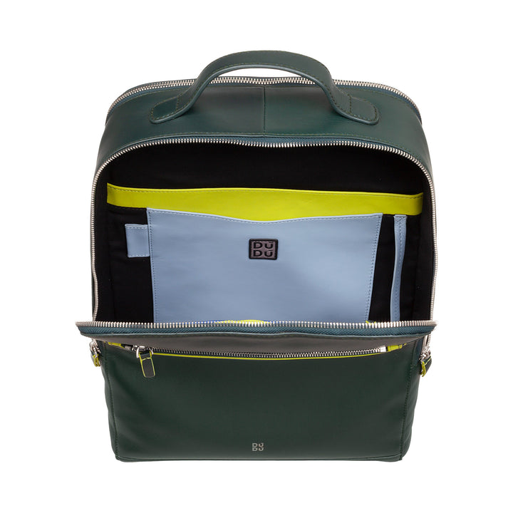 Open green leather backpack with multiple pockets and zippers