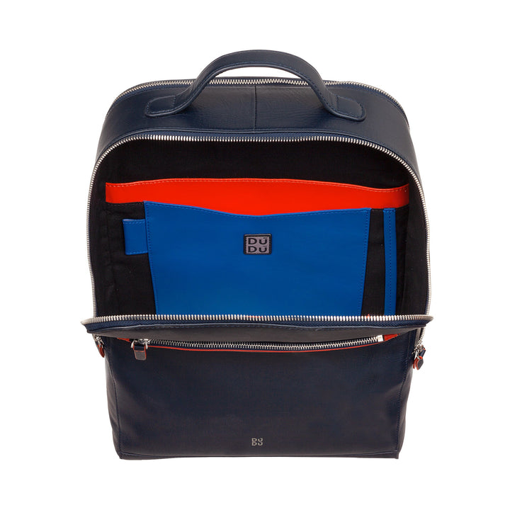 Open black leather backpack with colorful interior pockets