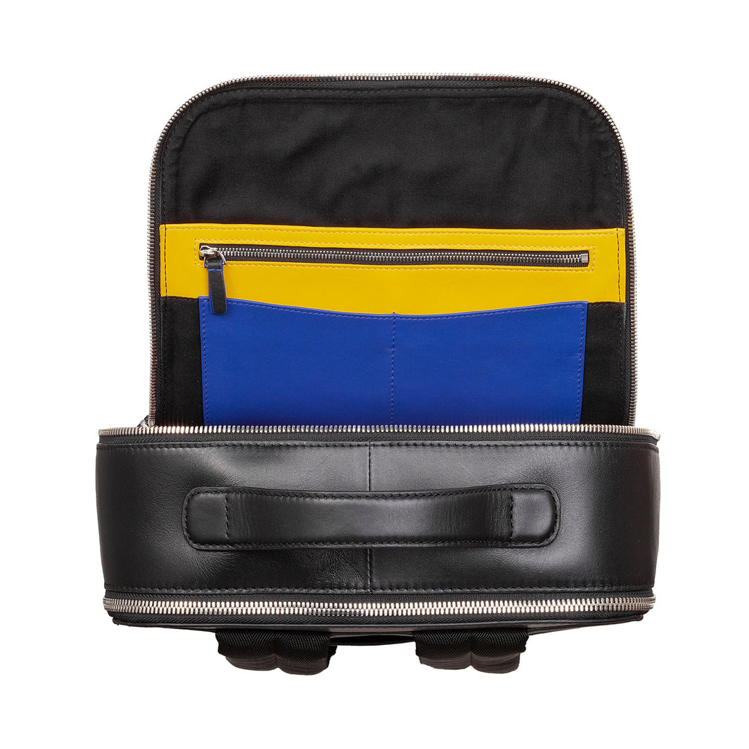 Open black leather travel bag with multiple colorful interior compartments including yellow and blue zippered pockets