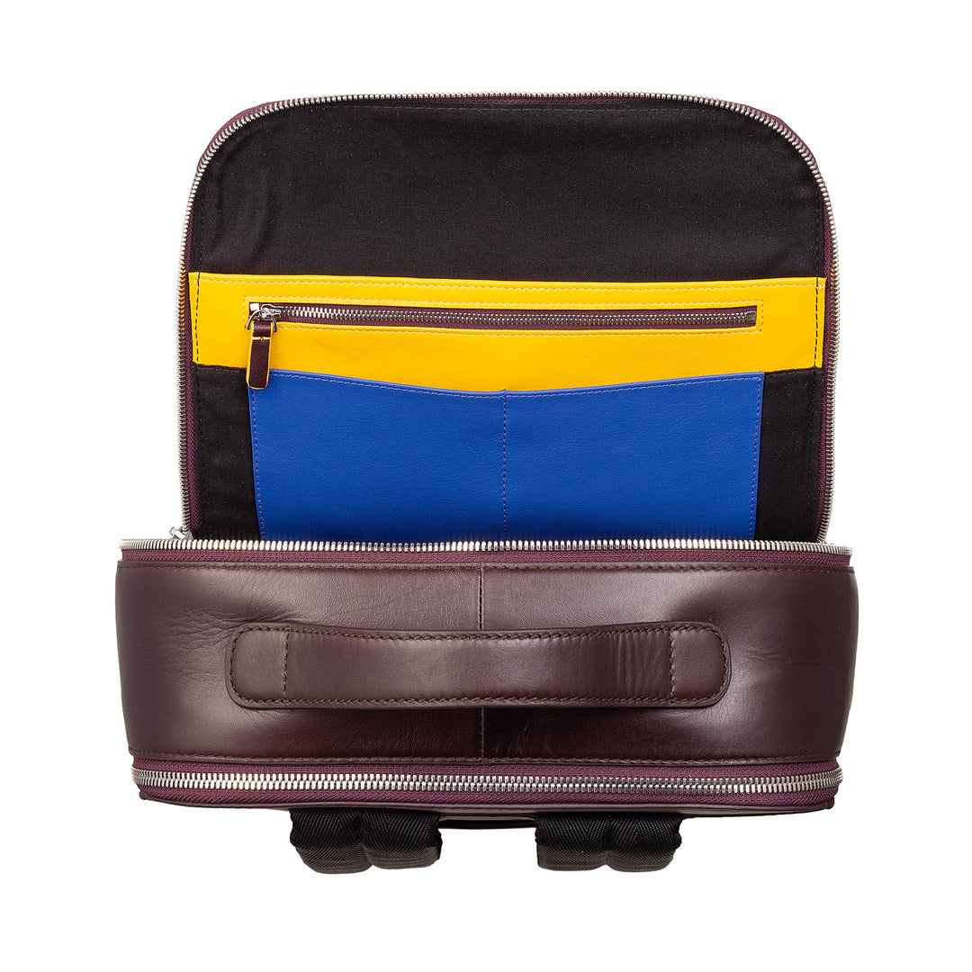 Open leather backpack with colorful interior pockets and zippers