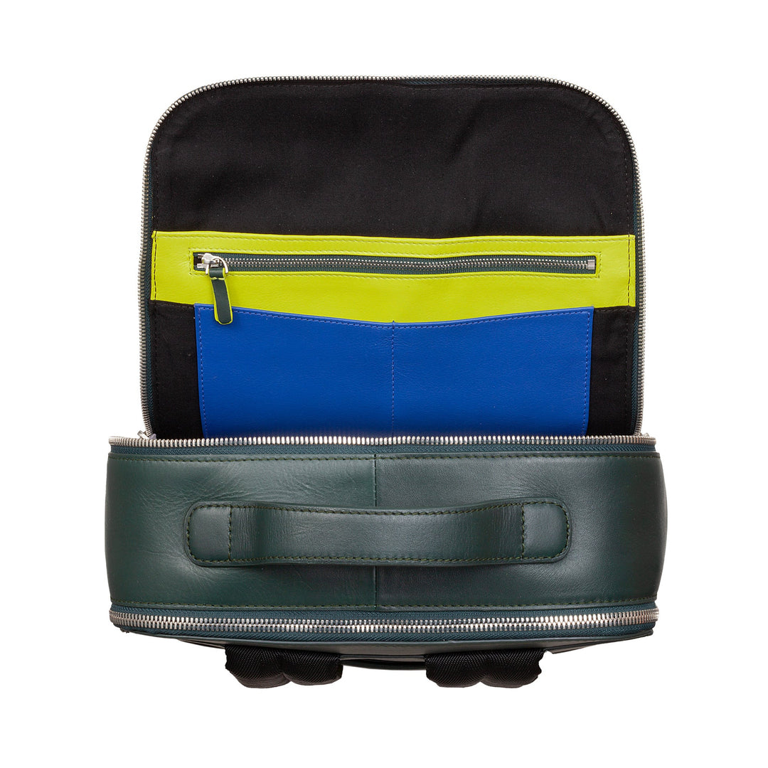 Open green leather backpack with colorful interior pockets