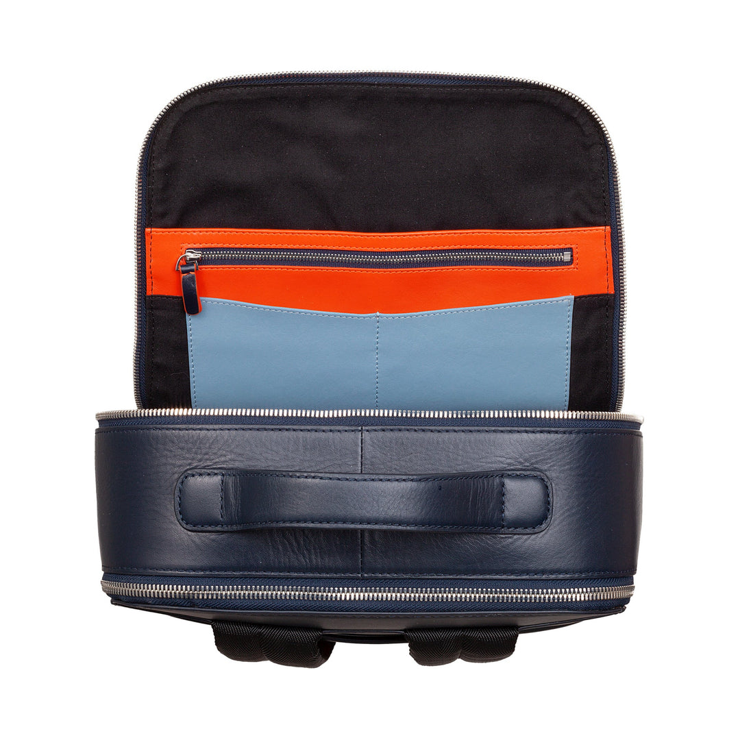 Open navy leather backpack with organized interior pockets and visible zippers