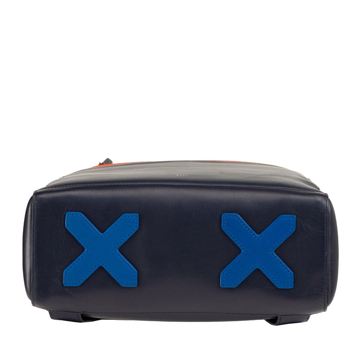 Bottom view of a black leather bag with two blue cross-shaped accents