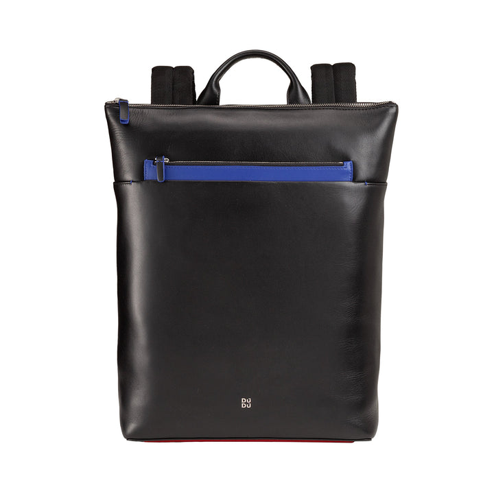 Black leather backpack with blue front zipper pocket and top handle