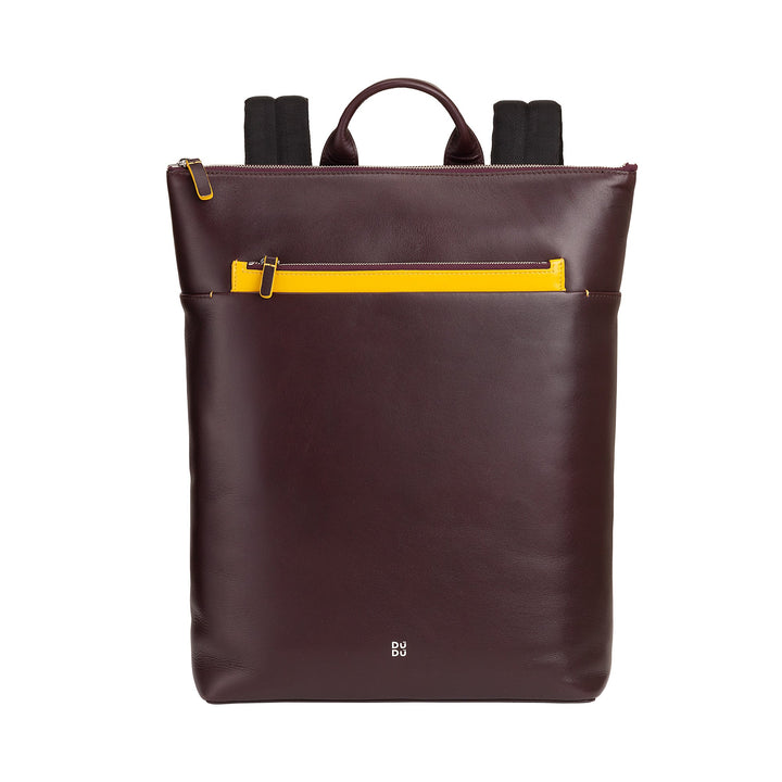 Elegant maroon leather backpack with yellow zipper pocket