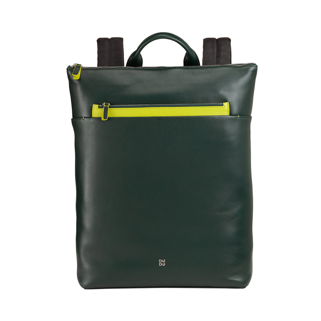 Green leather backpack with yellow accents and front zipper pocket