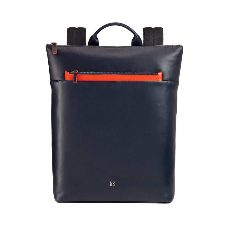 Sleek navy blue leather backpack with orange accents and dual zip compartments