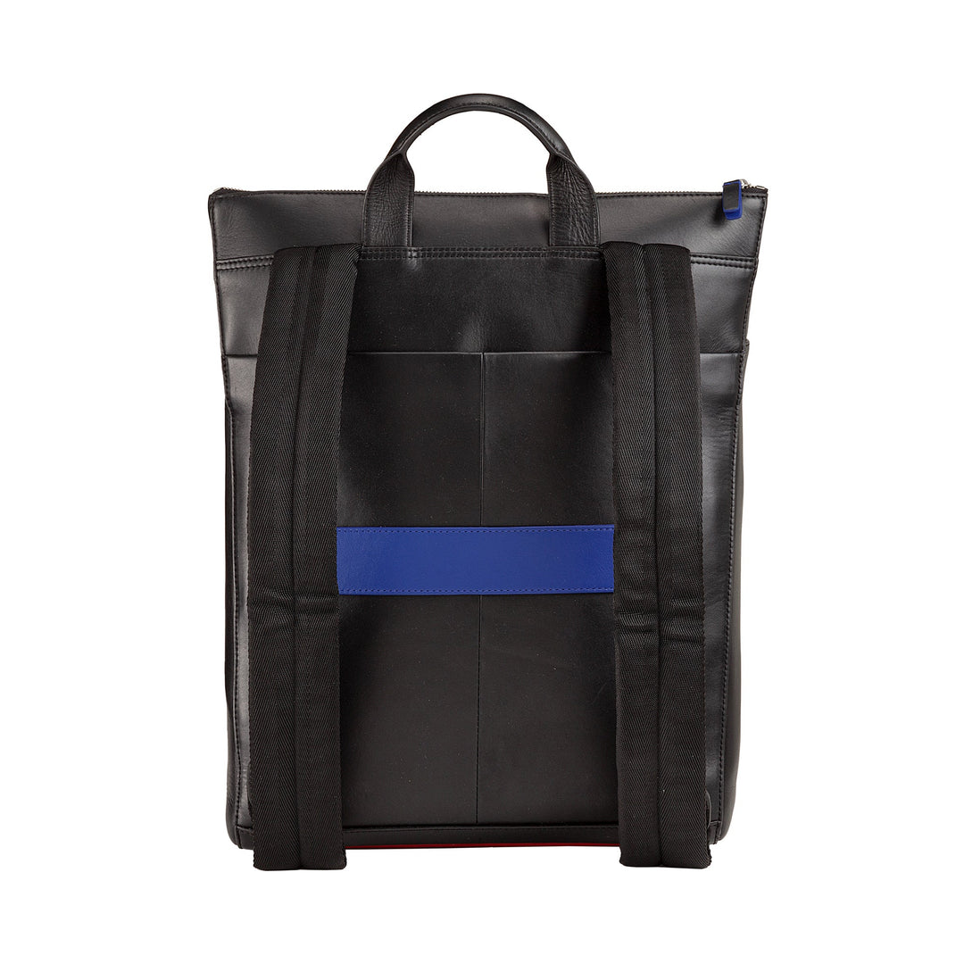 Black leather backpack with blue accent strip and two adjustable shoulder straps