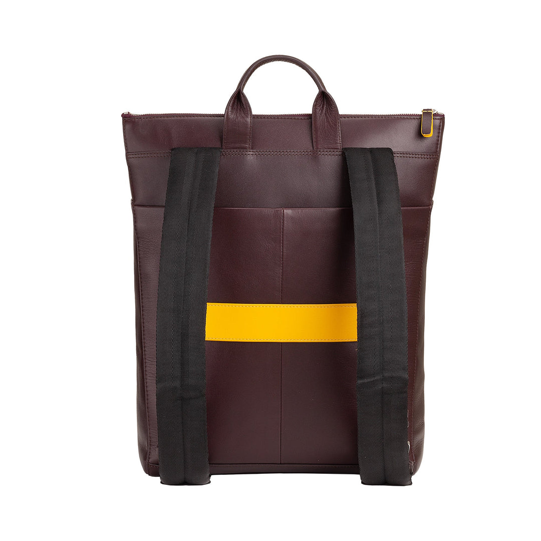Maroon leather backpack with yellow stripe and black shoulder straps