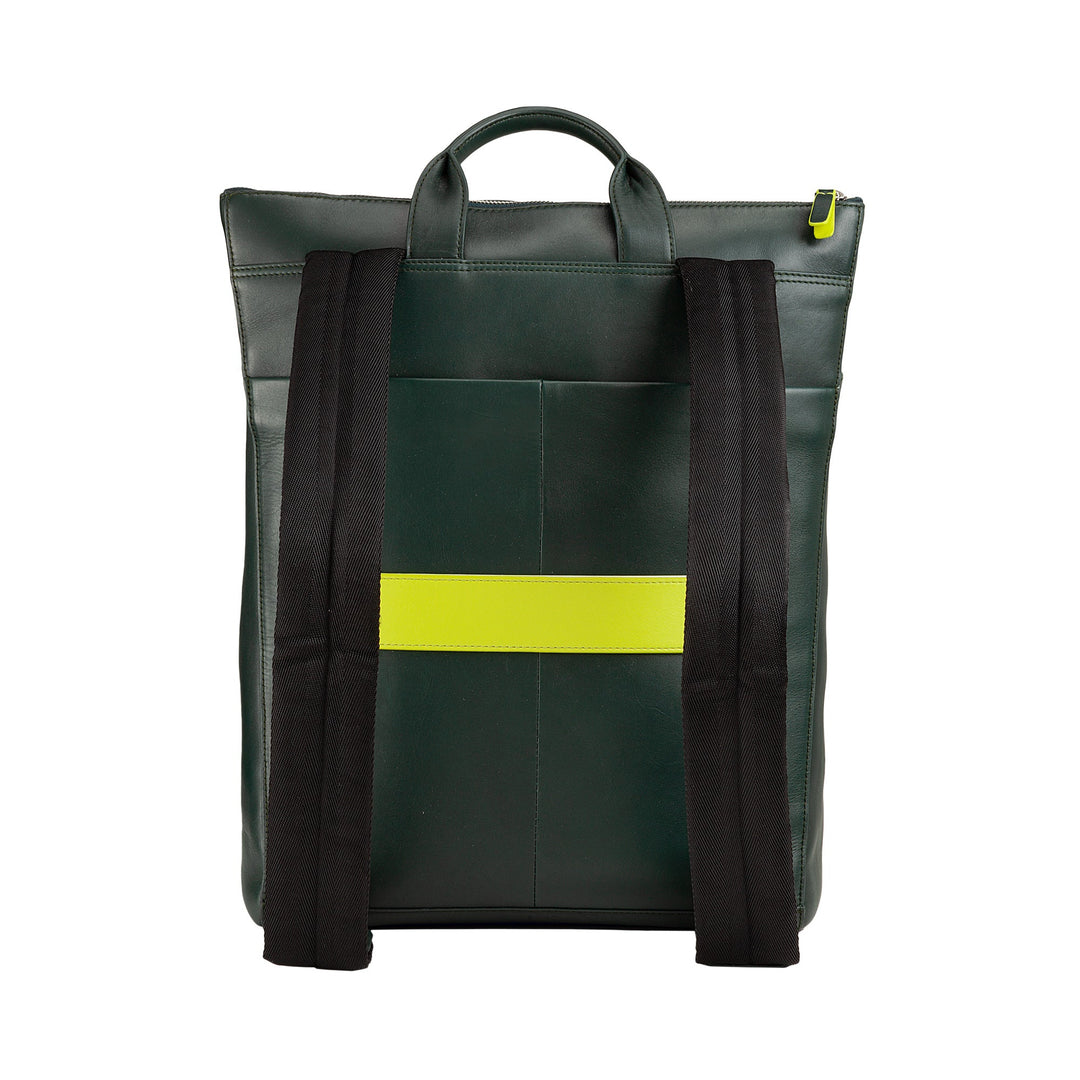 Green modern backpack with black straps and yellow accents, rear view
