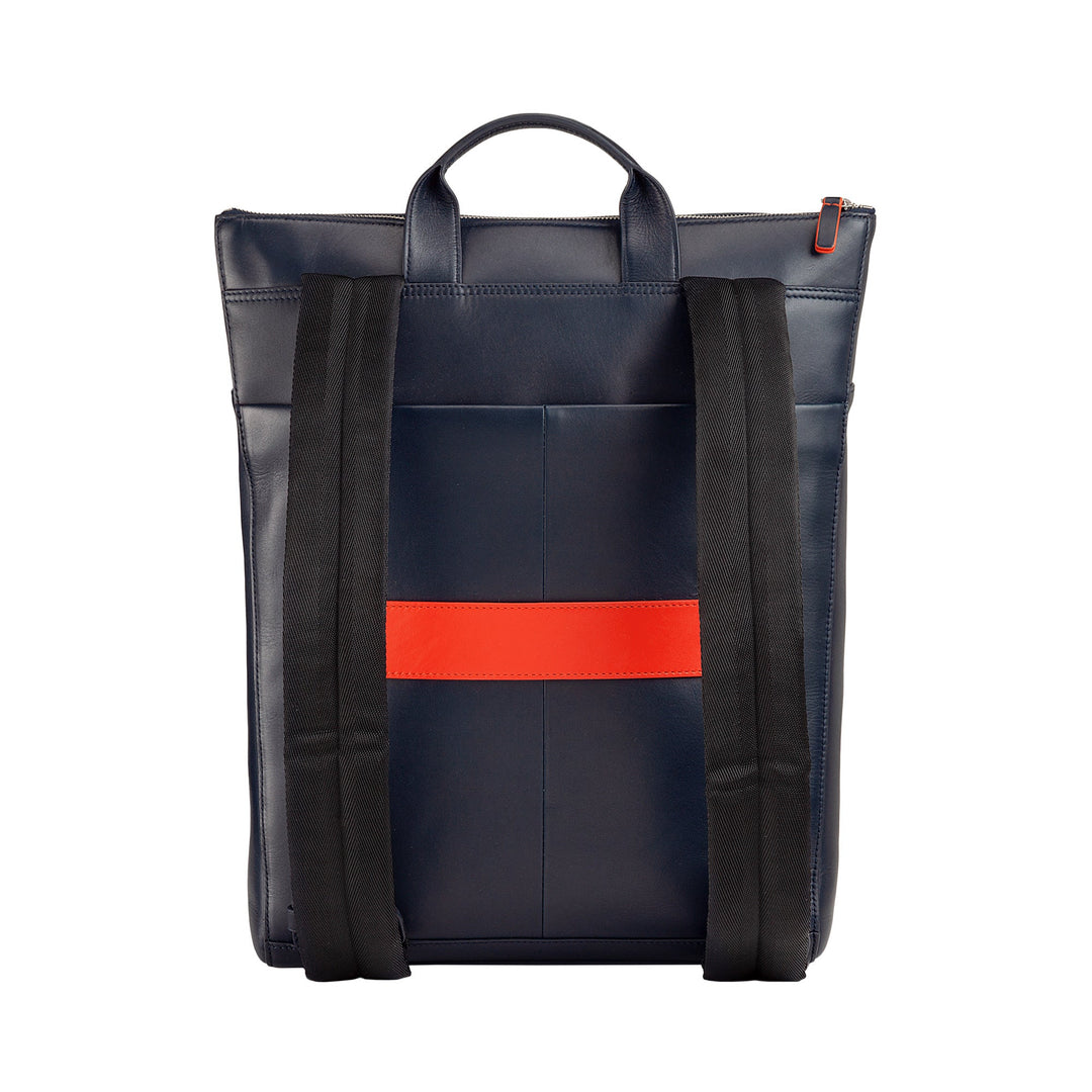 Navy blue leather backpack with black straps and a red accent
