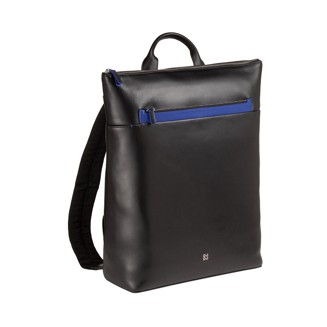 Sleek black leather backpack with blue zipper pocket and minimalist design