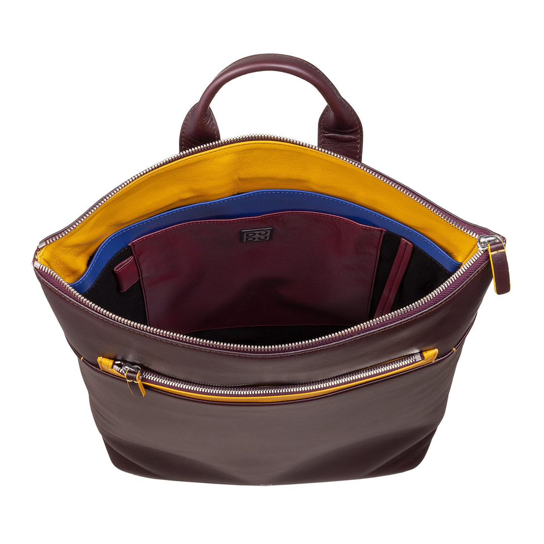 Open maroon leather backpack showing interior compartments and colorful lining