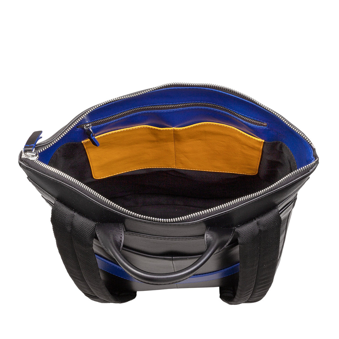 Open black leather handbag with blue interior and yellow pockets