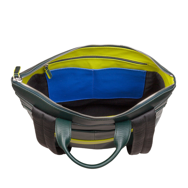 Open black and green leather handbag with blue and yellow interior pockets
