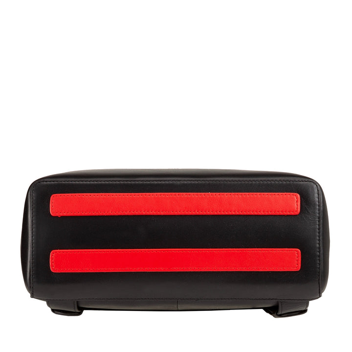 Bottom view of a black leather bag with two red horizontal straps