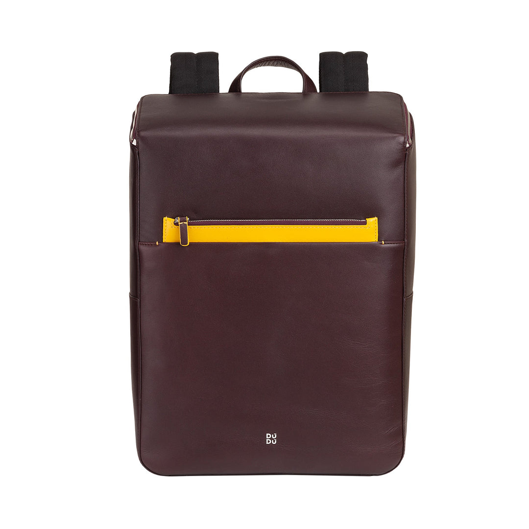 Dark brown leather backpack with top handle and yellow front zipper pocket