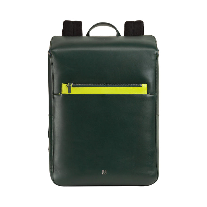 Green leather backpack with yellow front zipper pocket