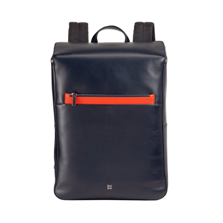 Sleek black leather backpack with front pocket and orange zipper