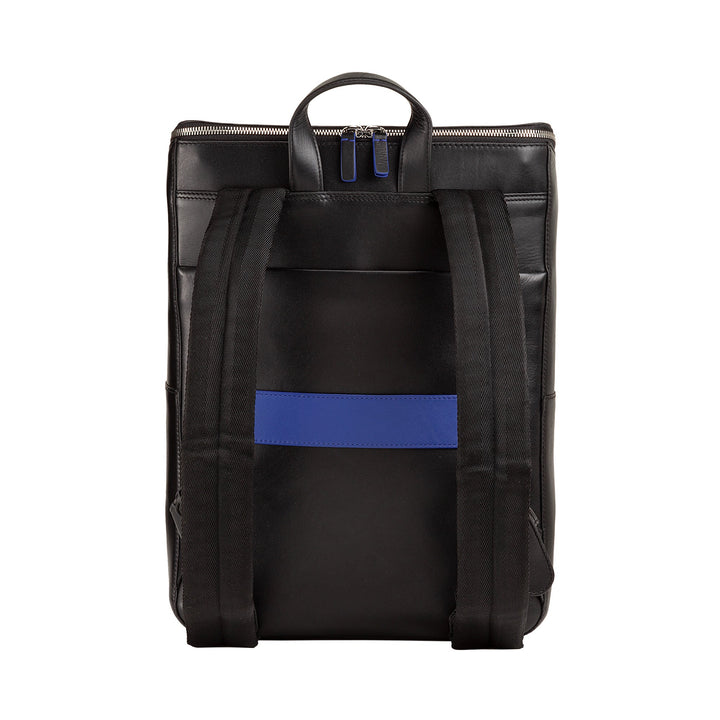 Black leather backpack with blue stripe and black shoulder straps against white background