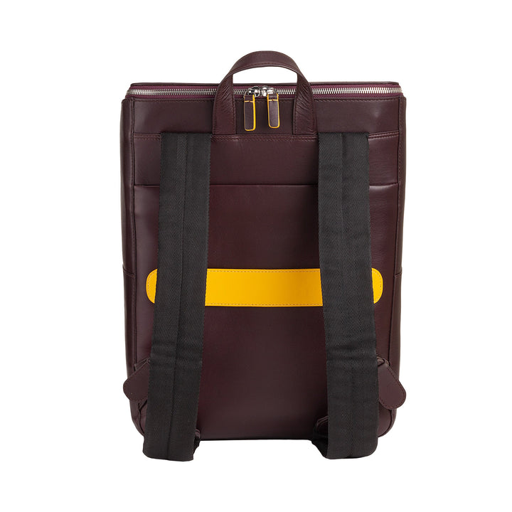Maroon leather backpack with black straps and yellow accent