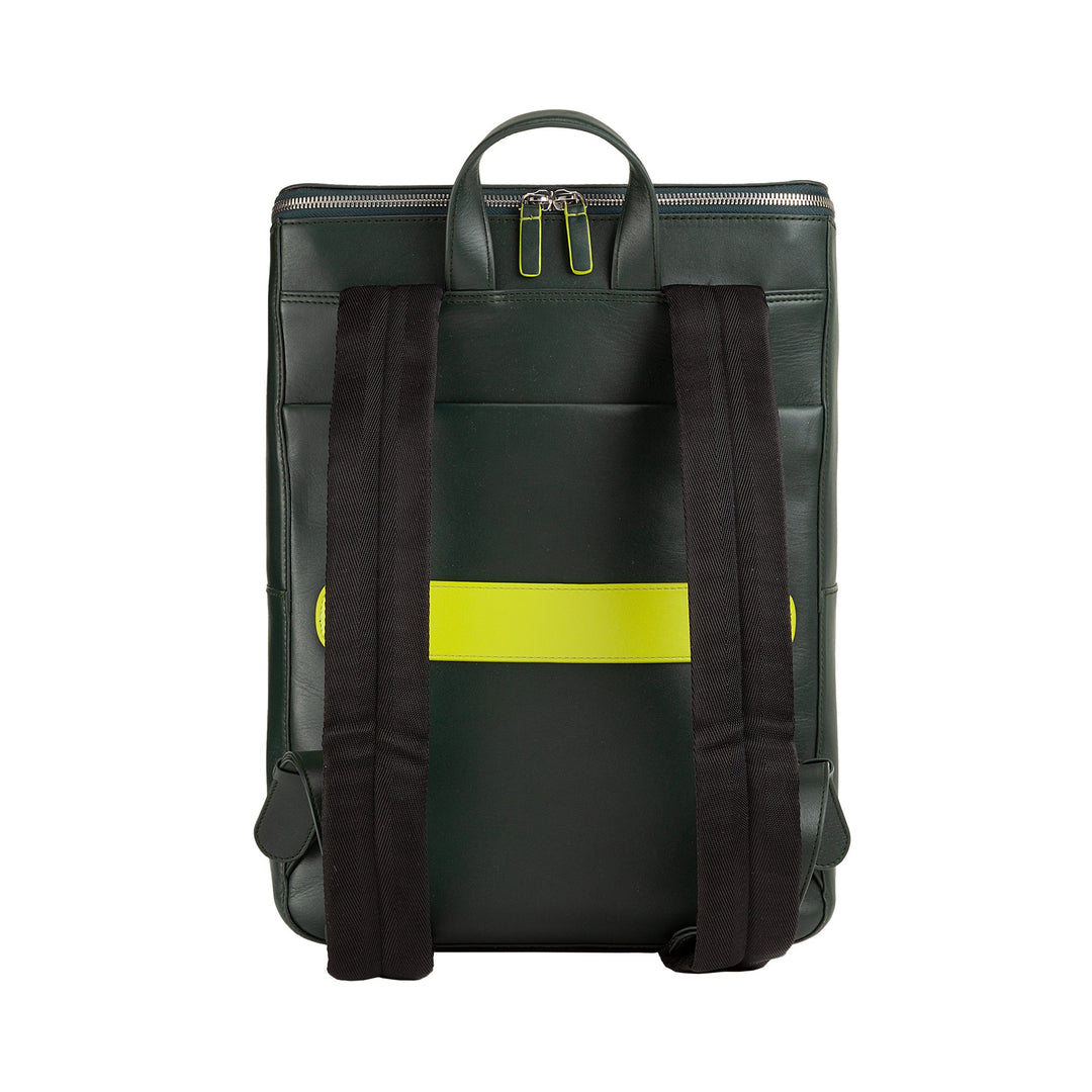 Modern dark green backpack with black straps and neon yellow accent