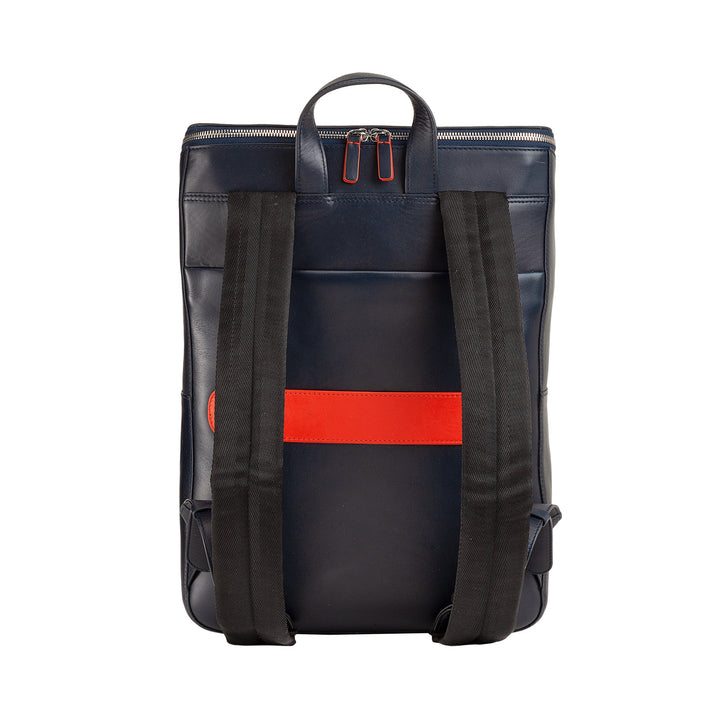 Back view of a stylish navy blue leather backpack with black straps and a red accent