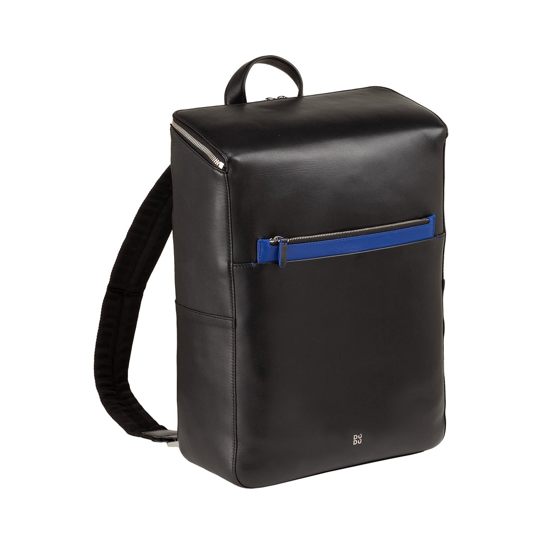 Sleek black leather backpack with blue front pocket and adjustable straps