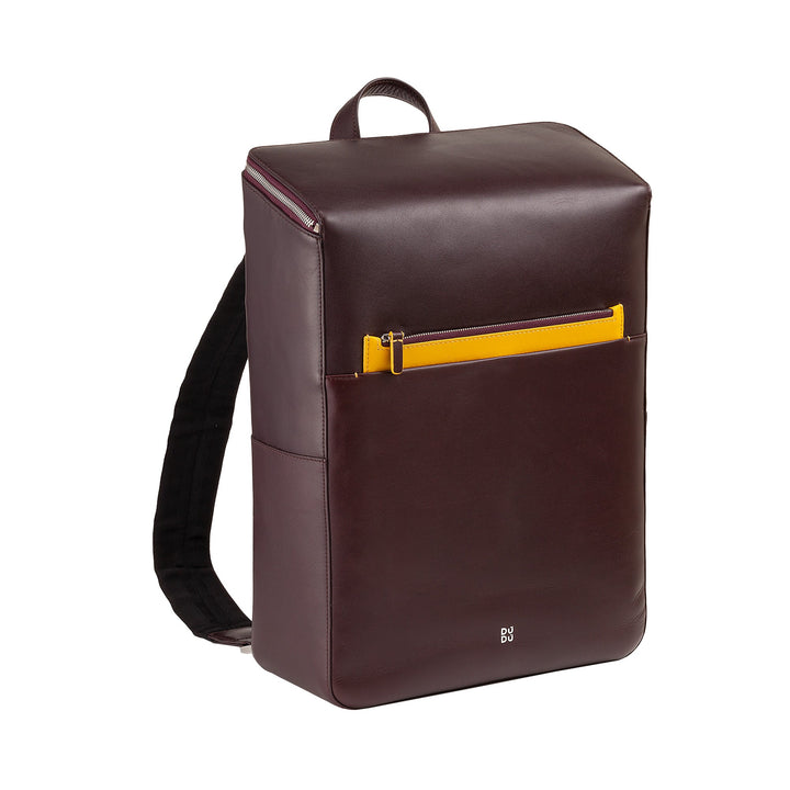 Sleek brown leather backpack with yellow front zipper pocket